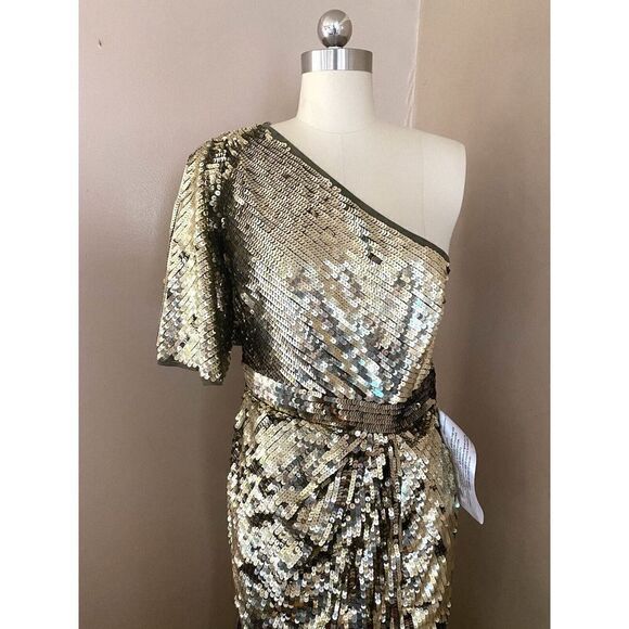 Mac Duggal Gold Sequin One Shoulder High Slit Evening Gown Dress sz 10 NWT $698 - Picture 6 of 12